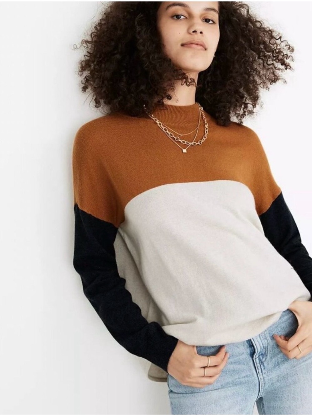 Madewell Colorblock Cowl Sweater in Rust, Cream & Black size S. Like new.